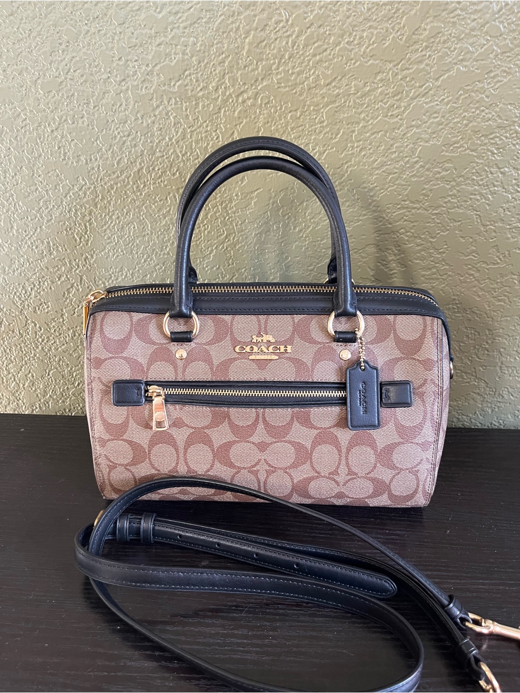 Coach Rowan Brown Signature Canvas Satchel With Black Trim